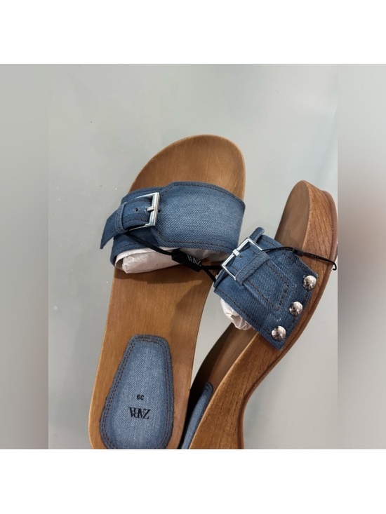 Zara Shoes - Zara Blue Denim Heeled Slide Sandals with Buckle